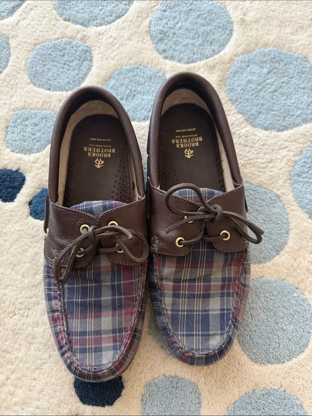 Brooks Brothers Brown Leather Boat Shoes with Blue & Red Plaid